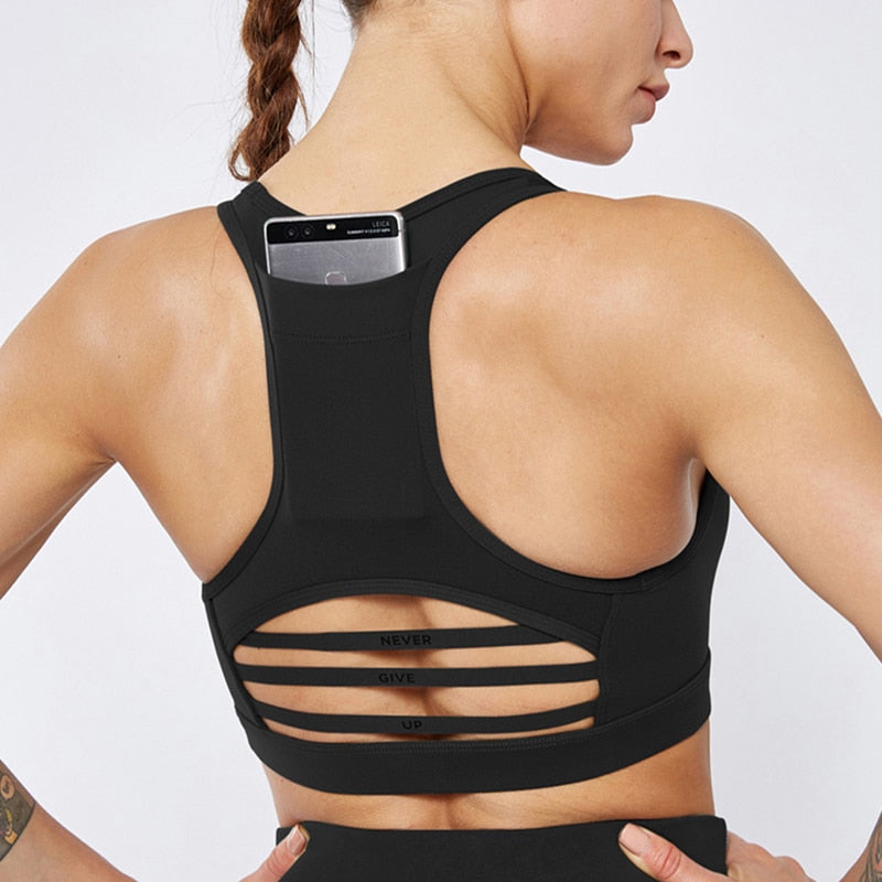 Seamless Sports Bra with Back Pocket & Mesh Design