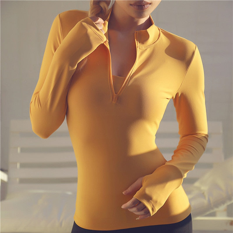 Long-Sleeve Yoga Top with Zipper & Thumb Holes