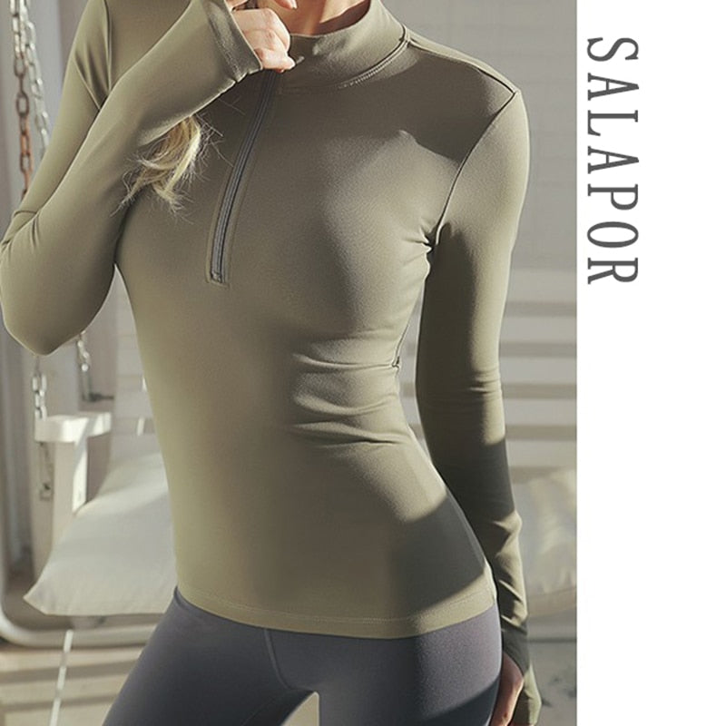 Long-Sleeve Yoga Top with Zipper & Thumb Holes