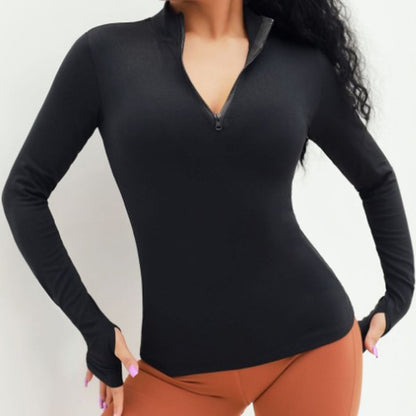 Long-Sleeve Yoga Top with Zipper & Thumb Holes