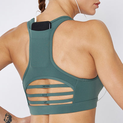 Seamless Sports Bra with Back Pocket & Mesh Design